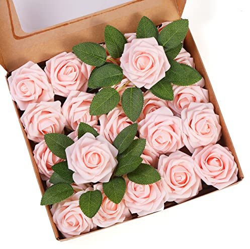 ROYALLATO Artificial Flowers 30pcs Artificial Roses Fake Flowers Pink Foam Roses with Stem for Wedding Decorations DIY Wreath Bridal Bouquets Christmas Cake Decorations & Home Decoration Baby Shower