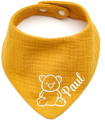 Personalisiertes Dreieckshalstuch aus Baumwolle/Musselin | Teddybär mit Namen | Halstuch für Jungen, Mädchen | Viele Farben (Senfgelb)