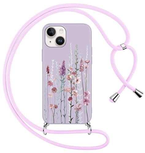 Foonary Handyband Hülle mit Band für iPhone 15 6,1 Handyhülle, Blumen Lavendel Design Kette Necklace Case mit Kordel zum Umhängen Silikon Bumper Schutzhülle Cover Schnur für iPhone 15