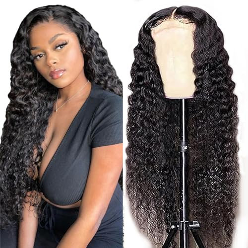 AiPliantfis Echthaar Perücke Damen Glueless Wig Human Hair Wig Deep Wave Perücke Damen Echthaar Natural Black 4x1 Lace Natural Hairline with Baby Hair Minimal Smell 32 Zoll