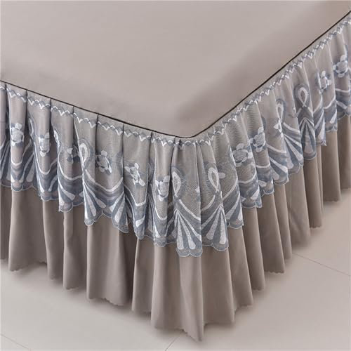 Odot Solide Farbe Bettrock Rüschen, Spitze Edge Design Spannbettlaken mit Volant Elastische Bettvolants Matratzenschoner Spannbetttücher Spannbetttuch für Boxspringbetten (198x203cm,Grau)