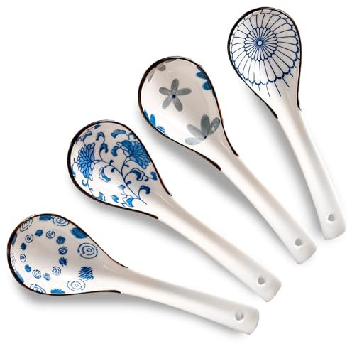 Fychuo Chinese Soup Spoons Set of 4 Ramen Dumplings Spoons Ceramic Japanese Retro Style Asian Blue and White 6 Inch