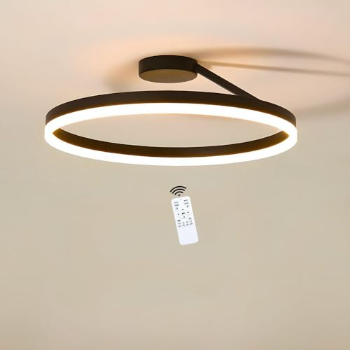 LED Deckenleuchte Ring Rund Schwarz 50cm 32W Dimmbar mit Fernbedienung | Einseitig nach unten abstrahlend, Deckenlampe Wohnzimmer 2900lm, Halbeinbau, Deckenbeleuchtung mit Speicherfunktion