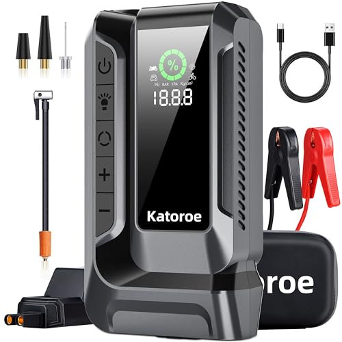 Katoroe Starthilfe Powerbank mit 150PSI Kompressor, 4000A 12V Auto Batterie Booster für alle Autos oder 10.0L Diesel,18000mAh 4-in-1 Tragbare Starter Powerbank mit 2 LED-Licht, LCD Display