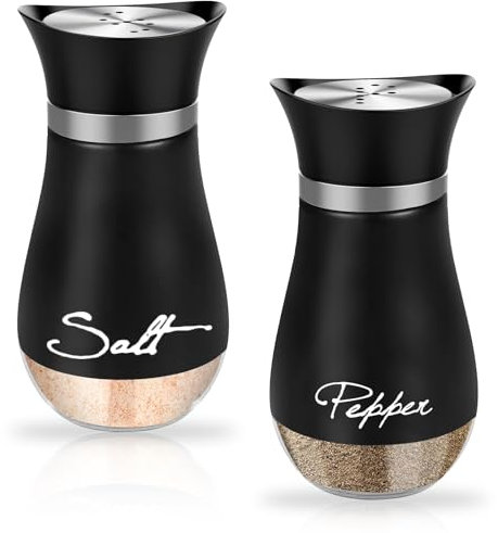 Dispensador de Especias, Juego de Salero y Pimentero, Salero y Pimentero con Fondo de Cristal y Tapa de Acero Inoxidable, Accesorios de Cocina, para Casa, Cocina, Restaurante, 2 Piezas, Negro