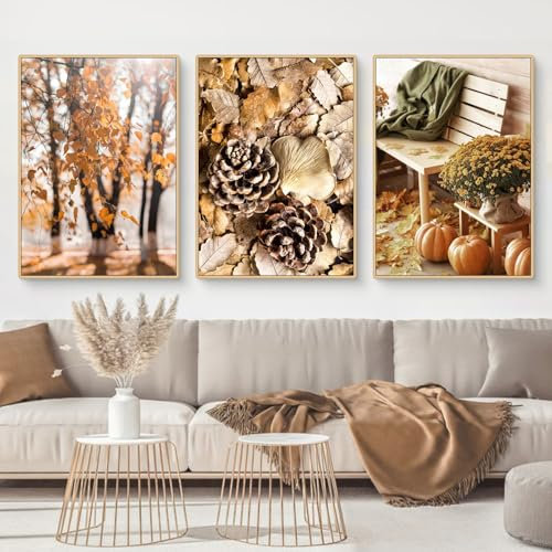 Uixxducc 3er Herbst Poster Set, Aesthetic Tannenzapfen Kürbis Blätter Bilder Set, Natur Herbst Wandbilder Wohnzimmer Wanddeko für Schlafzimmer, Ohne Rahmen (21x30cm)