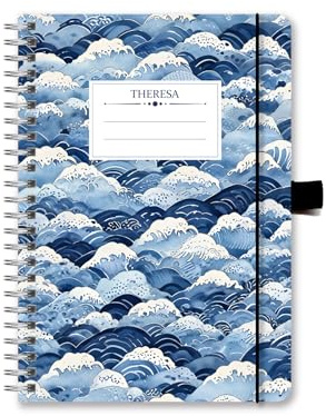Notizbuch A5 Japanisches Wellenmuster Design, personalisierbar mit Namen, Ringbuch, Tagebuch, Schreibblock, Journal, 50 Blatt - 100 Seiten beschreibbares festes Papier