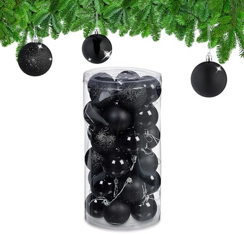 Relaxdays Palline di Natale, Set da 30 Palle Albero, Addobbi Natalizi, Sfere D: 6 cm, in Plastica Infrangibile, Nero