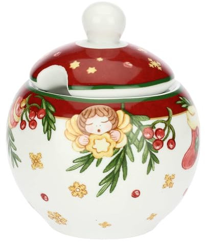 THUN, Azucarero con cuchara de porcelana, colección sorpresas de Navidad, juego para casa y cocina, idea regalo para Navidad, azucarero Ø 10,5 cm, 10 cm h, cuchara 13 cm