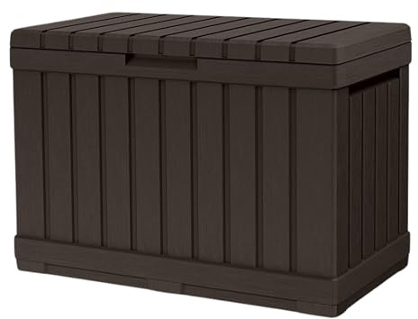 Keter Gartentruhe KENTWOOD 190L Braun – Wetterfeste Gartenbox in Holzoptik mit Sitzfunktion – UV-beständige Aufbewahrungsbox, abschließbar, für Innen- & Außenbereich