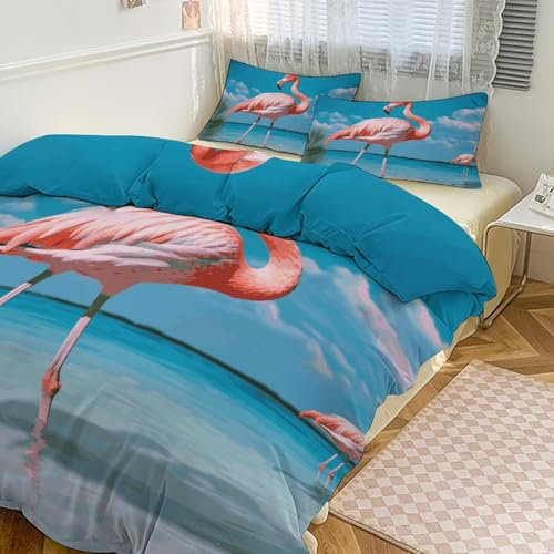 QMNVBDS Parure de lit 3 pièces avec housse de couette réversible et 2 taies d'oreiller, motif flamant rose dans l'eau, pour grand lit, 259,1 x 228,6 cm