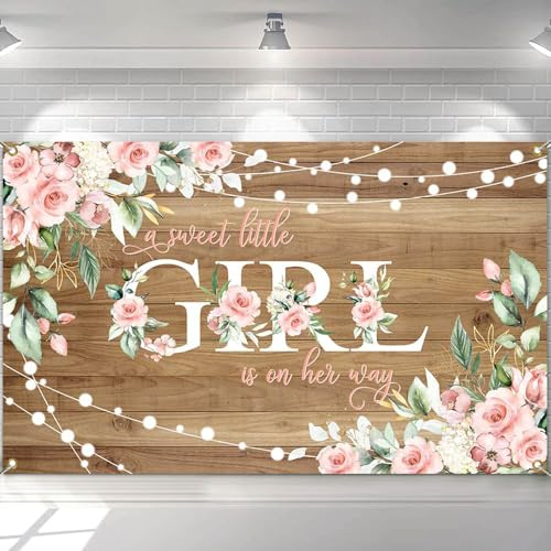 Avezano Hintergrund für Babypartys mit Aufschrift A Sweet Little Girl is on Her Way, für Babypartys, rosa Blumenmädchen, Babyparty-Hintergrund, Banner, Partyzubehör, 180 x 100 cm