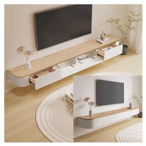 Meuble TV Suspendu Bois Massif Blanc, Meuble TV Murale 180 cm, Console TV Flottante, Moderne Console Multimédia Divertissement Murale, Grand Banc Rangement pour TV pour Salon (Couleur Bois, 220cm)
