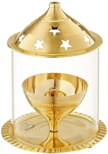 Brass Akhand Diya Oil Lamp with Glass Cover - Traditional Puja Deepak for Home and Temple - Durable Flame with Elegant Star Design