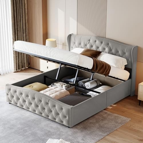 BRILVERDE Polsterbett Doppelbett 160x200 cm,Hydraulisch Stauraumbett mit Stauraum,Kopfteil und Lattenrost,Funktionsbett,Samt(Grau, 160x200 cm)
