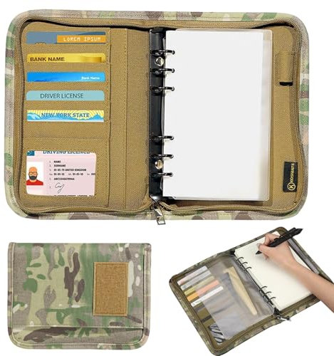 Raccoglitore ad anelli militare, 80 fogli, tattico con cerniera, resistente alle intemperie, formato A6, per quaderni a 6 anelli, custodia militare