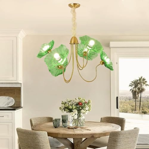 Stesulfr Moderner nordischer Kronleuchter mit 6 Lichtern Hängelampe für Kücheninseln Lotusblatt Hängelampe aus Glas Leuchte Hängelampe französische klassische Blumenleuchte Wohnzimmer Esszimmer Schlaf