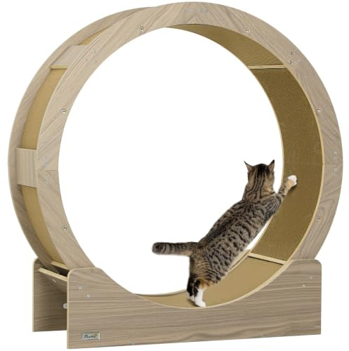 PawHut Roue d'exercice pour Chat 91 cm, Grande Roue de Course avec Frein sécurisé et Tapis de grattage Amovible, Tapis Roulant Ultra Silencieux, pour Perte Poids, santé d'animaux de Compagnie, Marron