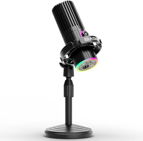BASN USB/XLR Dynamic Microphone for Podcast, Live Streaming, Gaming Recording with RGB Mute Button, Headphone Monitoring and MIC Stand (SL2000) Black