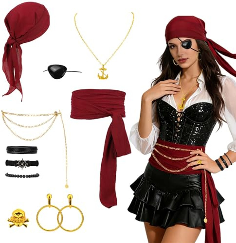 DTOFOOT Piraten Kostüm Zubehör Set, Piratenkostüm Damen Herren | Augenklappe, Piratenschmuck, Gürtel und Totenkopfring im klassischen Stil für Fasching Karneval Halloween Party
