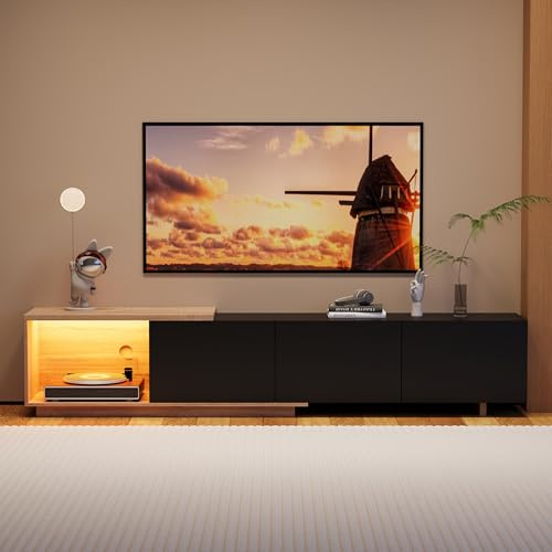 TITA-DONG TV Lowboard mit Intelligente Sensor-LED, 240cm TV-Schrank mit 3 Schubladen und Regalen, TV-Möbel mit Kabelmanagement, Fernsehtisch für Wohnzimmer, Schlafzimmer, Schwarz