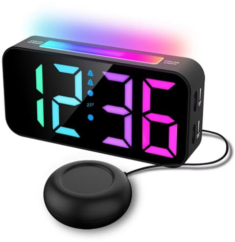 Histeaa NEU: Digitaler RGB- mit Starken Vibrationen, Stimmungslicht, Schlummerfunktion, 2 Alarme, USB-Betriebene Uhr für Tiefschläfer