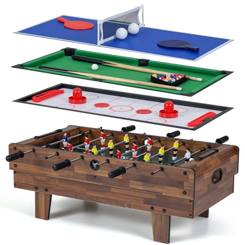 GYMAX 4 in 1 Multi Game Table, Combo Games Table Set with Foosball, Ping Pong, Hockey, Billiard, Complete Accessories for Kids Adults Party Gatherings (Brown)