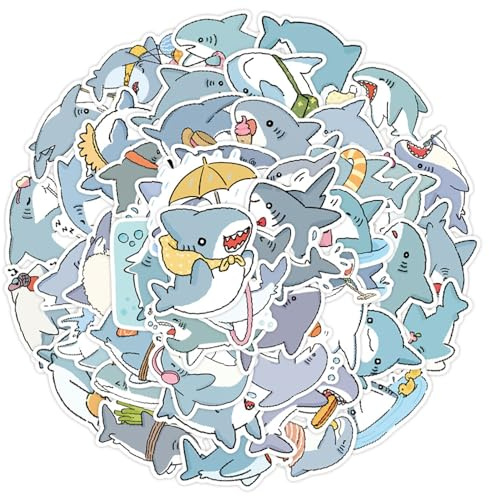 Cute Shark Vinyl Stickers, 50 PCS Waterproof Cartoon Shark Decals for Laptops, Scrapbooking, Journals, Water Bottles, Phones, Notebooks & DIY Decor
