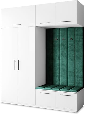 Masseno Flugarderoben Set Rema, Kleiderschrank-Set mit Sitzbank, Garderobenschrank Flur mit 5 Regalböden, Weiß