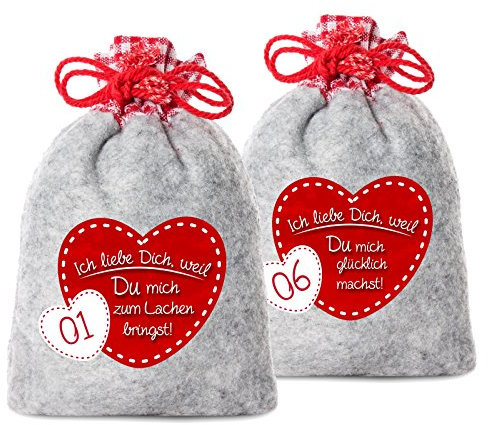24 Adventskalender Säckchen (12 x 20 cm) aus Filz mit 24 Gründen ICH LIEBE DICH WEIL (für Erwachsene Männer und Frauen) für Adventskalender zum Befüllen (ohne Anbringung)