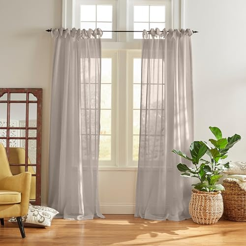 Elrene Home Fashions Vienna Sheer Tie-Top Window-Curtain Panel, 52 in x 95 in (1 Panel), Light Gray