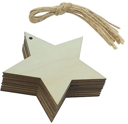 Suneast 20 Stücke Holz Christbaumschmuck Anhänger Weihnachtsdeko Holzanhänger mit Schnur DIY Weihnachtsbaum Hängende Ornamente Arbeit Handgemachte für Weihnachten Deko - Stern