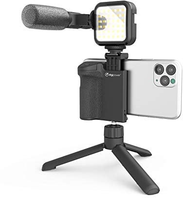 DigiPower Kit de Vlogging Follow Me con luz LED de vídeo + micrófono + Soporte para teléfono móvil + Mini trípode Compatible con Smartphones TikTok, Youtube, Streaming en Directo y reuniones