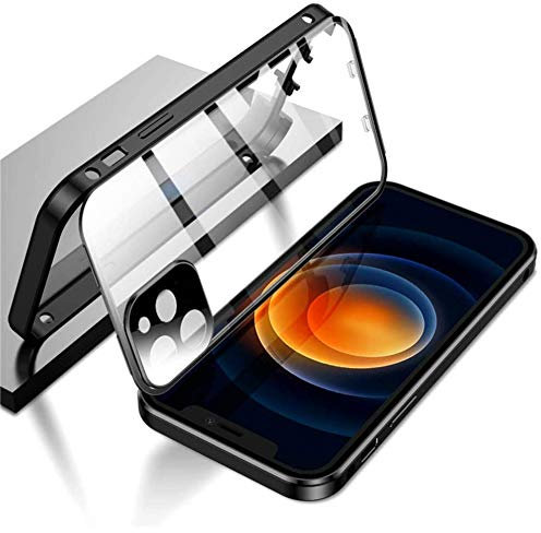 Doppelseitige Schnallenhülle für iPhone 12,Doppelte Sicherheitsverriegelung Stoßfängergehäuse aus gehärtetem Glas, eingebauter Kameraobjektivschutz (für iPhone 12 Pro max, Schwarz)