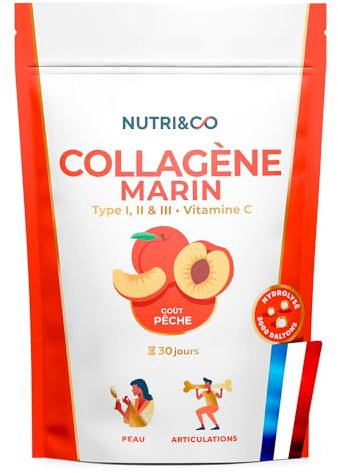 NUTRI & CO Collagène Marin Types 1 2 3 + Vitamine C - Peau & Articulations - 5500mg de Collagène Hydrolysé Breveté par Portion - Peptides en Poudre Goût Pêche 180g - Fabriqué en France
