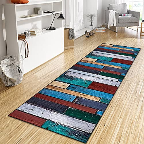 WTHYGB Teppich Läufer Flur Küche 100x270 cm, Modern rutschfest Waschbar Küchenläufer Flurläufer, Lang Polyester Holzmaserung Blau Teppichläufer für Korridor, Schlafzimmer, Innen Wohnzimmer
