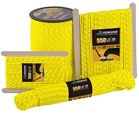 FISHLUND Paracord riflettente da 550 libbre, corda Paracord tipo III a 7 fili da 50 piedi e 4 mm, corda da paracadute in nylon per campeggio, Giallo neon