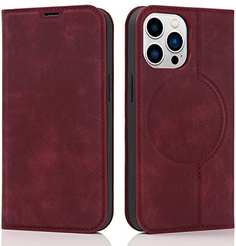 QLTYPRI Hülle für iPhone 13 Pro Max, Magnet Leder Klapphülle, Rotwein | Vintage PU Lederhülle, Handyhülle mit 2 Kartenfächer, RFID Schutzhülle, Standfunktion, Stoßfeste Flip Wallet Case