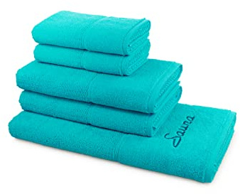 frottana Pearl Handtuch-Set, 2 Handtücher 50 x 100 cm & 2 Duschtücher 67 x 140 cm & 1 Saunatuch (Bestickt) 80 x 200 cm aus 100% Baumwolle, Ocean