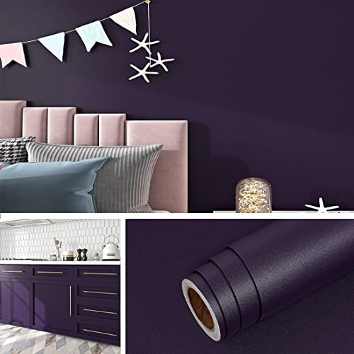 Livelynine Self Adhesive Wallpaper Dark Purple 40CMx10M Stick on Wallpaper for Bedroom Living Room Violet Waterproof Sticky Back Plastic Roll for Kitchen Bathroom Cupboards Matt Purple Vinyl Wrap