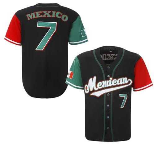 Herren Mexiko #7 Button Down Trikot Kurzarm Hipster 80S 90S Hip Hop Baseball Trikot, Schwarz, L
