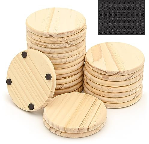 24 Pack Unfinished Wood Coasters, 4 Inch Round Blank Drinks Mat Cup Pad Wooden Crafts Coasters Protection Tabletop for Indoor Outdoor DIY Drawing Painting Engraving Wood Burning Laser Scroll Sawing