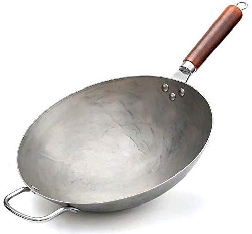 ZAANU Olla de Cocina con Mango de Madera, sartén de Hierro Puro, Acero Inoxidable, sin Revestimiento, Antiadherente, Wok, sartén de Hierro Forjado a Mano