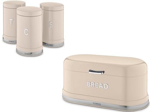 Tower Belle Chantilly Bread Bin & Tea, Coffee & Sugar Canisters. Stylish Parisian Design Kitchen Storage Set in Cream