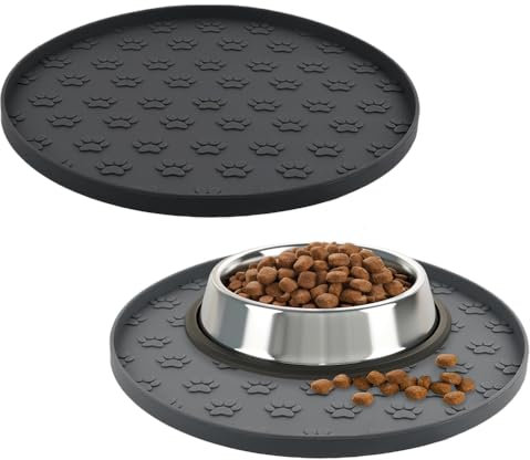AVYDIIF 2 Pack Pet Feeding Mats, Waterproof Anti-slip Placemats for Dog Cat Bowl Silicone Pet Food Mat, Raised Edge Prevent Spills on Floor & Carpet, Dishwasher Safe (Grey+Black, 28 X 28 cm)