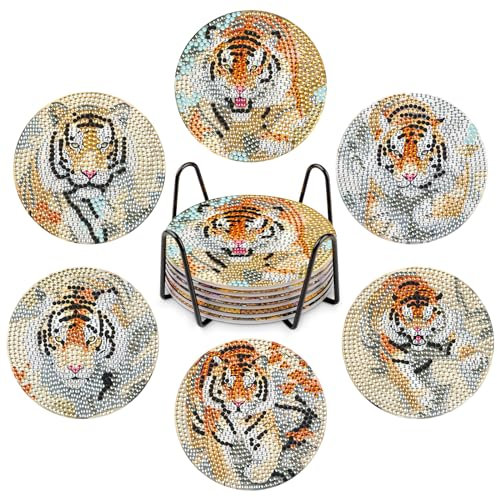 NAIMOER 6Stück Tiger Diamond Painting Untersetzer mit Halter, DIY Tiere Untersetzer, Kaffee Diamant Painting Untersetzer für Erwachsene Kinder, Getränke Untersetzer, 5D Diamant Untersetzer