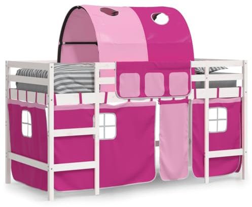 vidaXL Kinderhochbett, Hochbett mit Tunnel Vorhängen, Spielbett Bett für Kinder ab 6 Jahren, Kinderbett Etagenbett Stockbett, Rosa 90x200cm Massivholz Kiefer