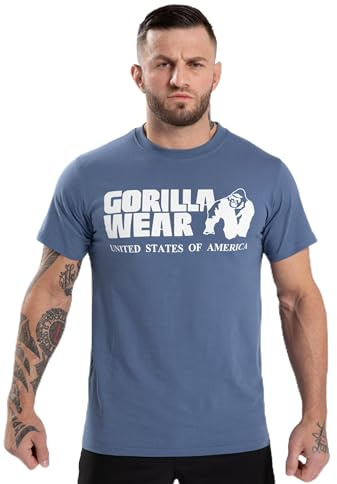Gorilla Wear Classic T-Shirt - klassisch mit Logo zum Sport Training Workout Normale Passform Baumwolle Bodybuilding (DE/NL/SE/PL, Alphanumerisch, XL, Regular, Regular, Blau)