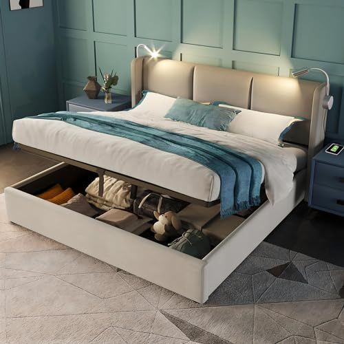 Kdtoll Polsterbett Doppelbett 160x200cm, Leselicht USB Ladefunktion Bett, Stauraumbett mit Bettkasten und Lattenrost, Ohne Matratze(Leinen, Beige)