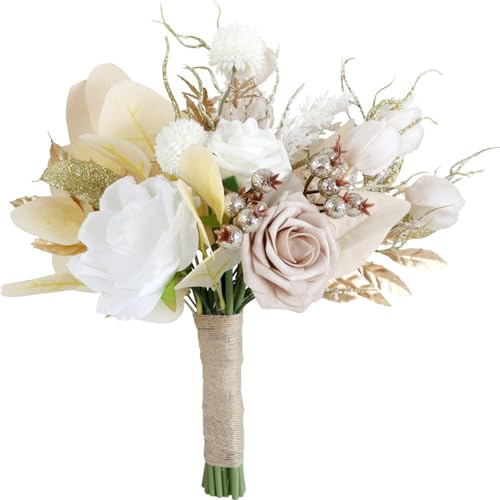 Fouriding Hochzeit Braut Blumenstrauß,Künstliche Hand Blumen Rosen Brautstrauß Brautjungfer für Zeremonie Jahrestag Partei Braut Dusche Dekoration Hochzeit Sträuße (Beige)